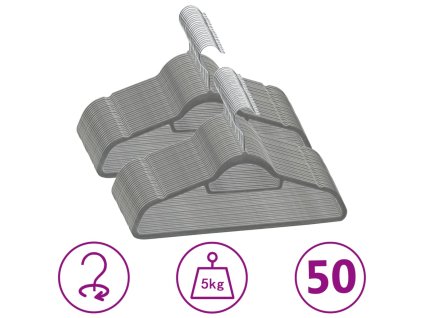50 ks šatních ramínek protiskluzové šedé samet 289918