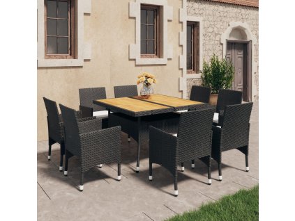 9dílný zahradní jídelní set polyratan a akáciové dřevo černý 3058342