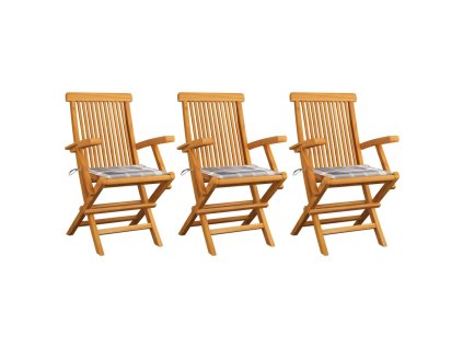 Zahradní židle s šedými károvanými poduškami 3 ks masivní teak 3062528