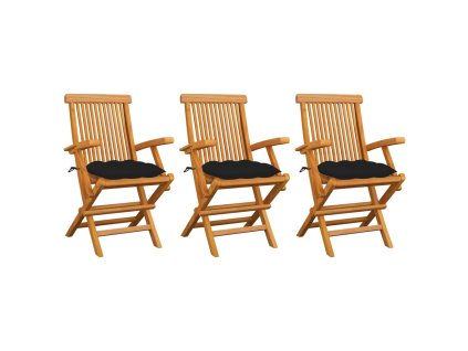 Zahradní židle s černými poduškami 3 ks masivní teak 3062536