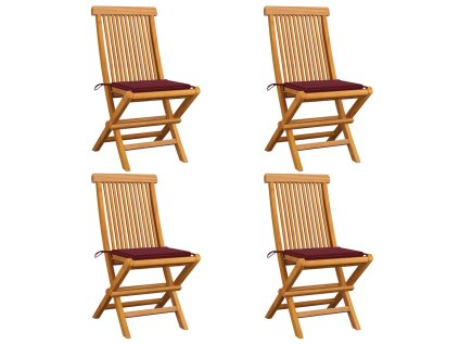 Zahradní židle s vínovými poduškami 4 ks masivní teak 3062577