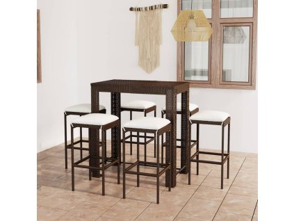 7dílný zahradní barový set s poduškami polyratan hnědý 3064783