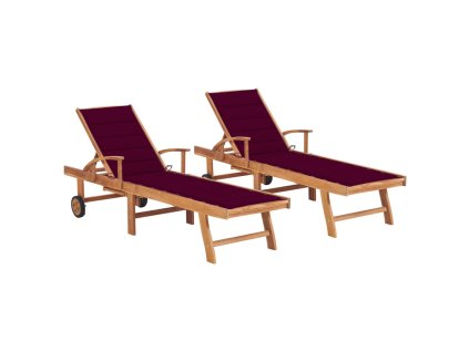 Zahradní lehátka 2 ks s vínovou poduškou masivní teak 3073195