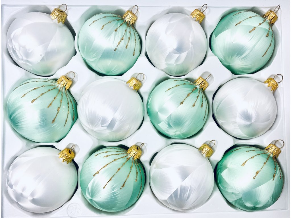 Irisa Vánoční ozdoby MADLEN kombinace bílé a zelené koule s dekorem mrazolak 7 cm, SET 12 ks