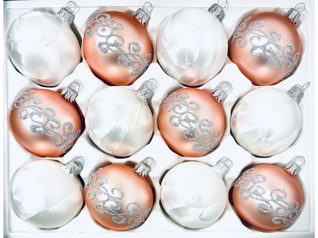 Irisa Vánoční ozdoby NIKA kombinace bílé a růžové koule s dekorem mrazolak  7 cm, SET 12 ks