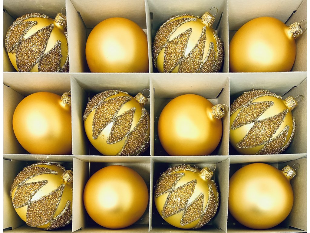 Irisa Vánoční exkluzivní ozdoby NIKA zlaté koule kombinace s dekorem Velikost 8 cm, SET 12 ks