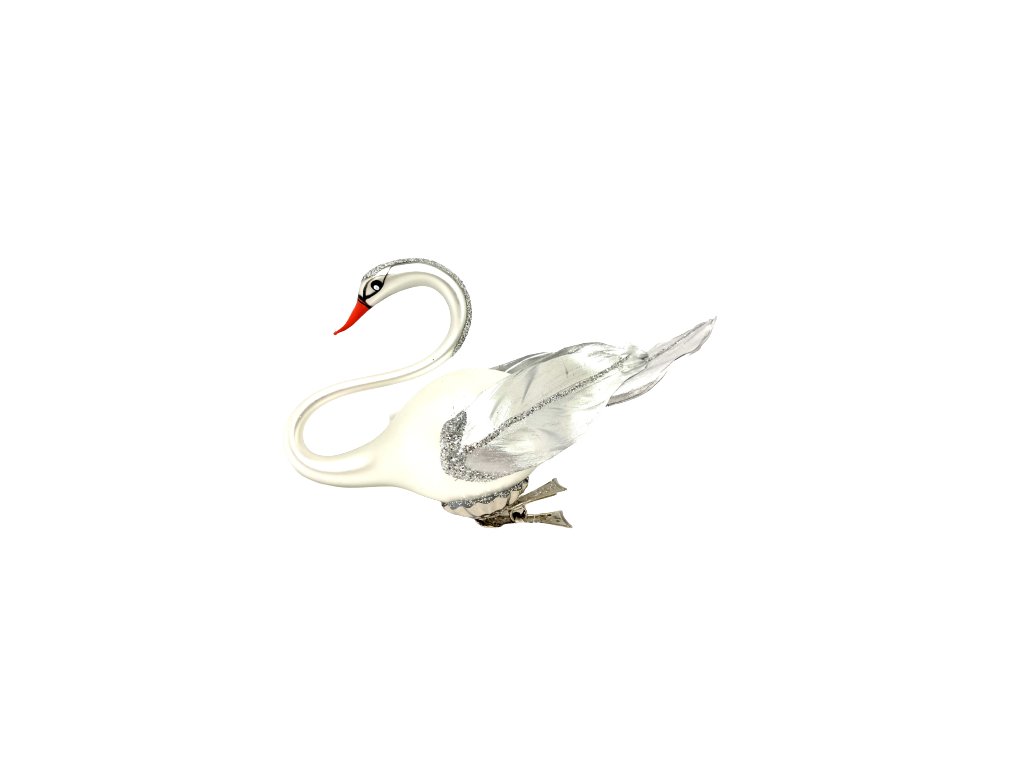 Skleněná vánoční ozdoba - Stříbrná labuť na skřipci, velikost 10 cm