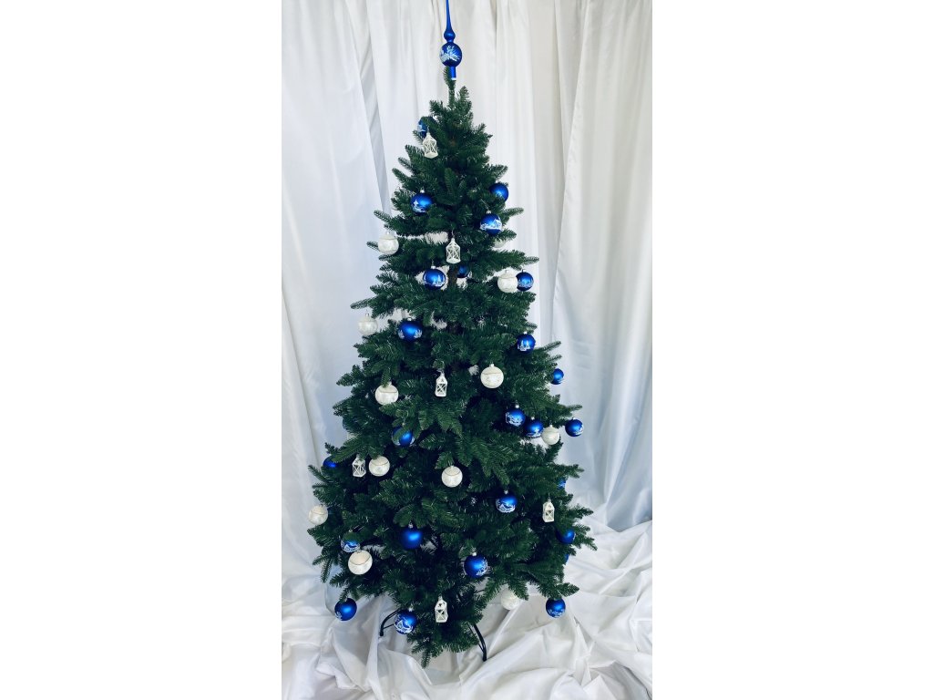 Vánoční strom - Modrá Lhota 180 cm bílo-modrý s 77 kusů skleněných ozdob