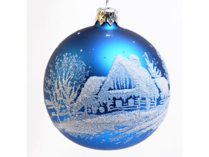 Skleněná vánoční ozdoba modrá s textem na přání, chalupa, 1 ks (Balení 1ks, Barva modrá, Velikost 8 cm)
