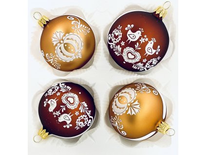 Irisa Vánoční ozdoby JITŘENKA kombinace tmavě a světle hnědé koule s dekorem perník, holubičky  7 cm, SET 4 ks