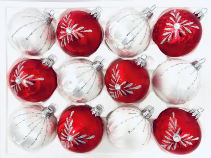 Irisa Vánoční ozdoby LEILA kombinace bílé a červené koule s dekorem mrazolak 7 cm, SET 12 ks
