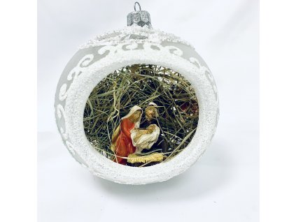 Irisa Skleněná vánoční ozdoba BETLÉMSKÁ IDYLKA  bílý dekor velikost 12 cm