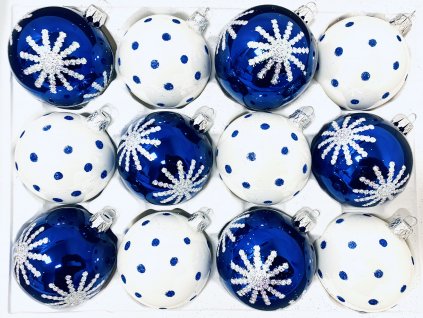 Irisa Vánoční ozdoby JUSTY kombinace bílé a modré koule s dekorem vločka  7 cm, SET 12 ks
