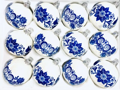 Irisa Vánoční skleněná sada BĚLA bílé koule s dekorem folklor 7 cm, SET 12 ks