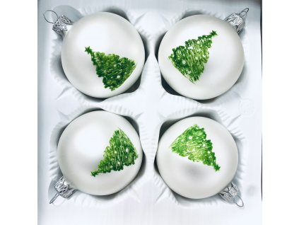 Vánoční Skvosty - Bílá sada 4 ks skleněných ozdob s dekorem vánočního stromečku (Velikost 7cm)
