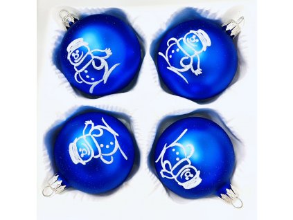Vánoční Královská Modř - Královská modrá sada 4 ks skleněných ozdob s dekorem bílého sněhuláka (Velikost 7cm)