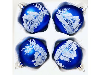 Modrá Zimní Idylka - Zasněžená chaloupka, sada 4 ks skleněných ozdob (Velikost 7cm) a