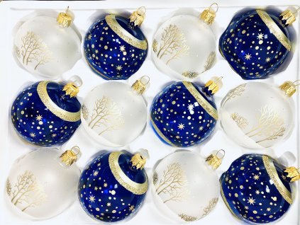 Sada 12 ks skleněných vánočních koulí 7 cm - motiv Popelky a Večernice (bílá a modrá, velikost 7cm)"