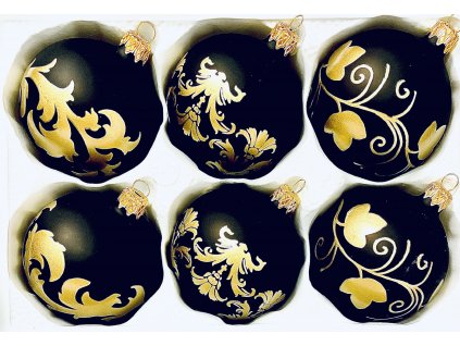 Černá elegance a zlatý lesk: Luxusní skleněné vánoční ozdoby (Sada 6 ks, Velikost 8 cm) IRISA