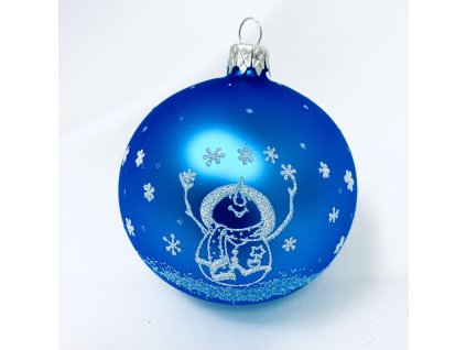 Skleněná vánoční ozdoba s textem na přání - Sněhulák ve snu - možnost vlastního textu (modrá, 1 ks, 8 cm)