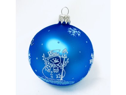 Skleněná vánoční ozdoba s textem na přání - Sněhulák - možnost vlastního textu (modrá, 1 ks, 8 cm)