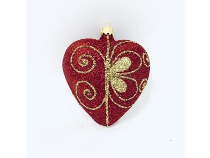 Červené celosypané skleněné srdce s motýlovým dekorem ( velikost 10 cm v dárkové krabičce ) a