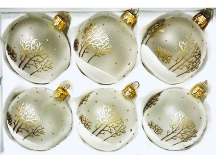 Zimní zázrak - koule se sněhovým dekorem a zlatým stromem(6 ks bílá ,Velikost 7 cm) IRISA