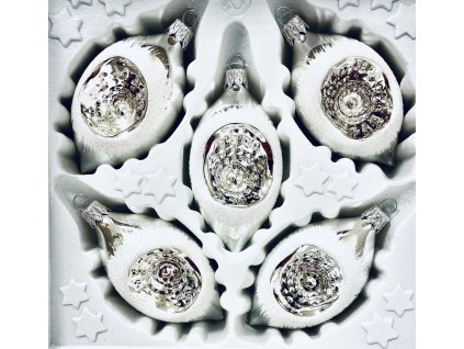 Stříbrná elegance- Sada 5 oválných stříbrných koulí s bílým dekorem, velikost 8 cm, s reflektorem a