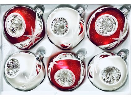 Vánoční ozdoba pro zářivé svátky - bílá a červená, 6 ks, velikost 7 cm, s reflektorem a