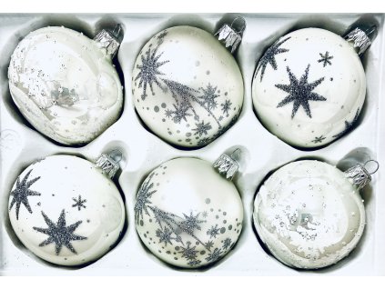 White glass baubles with silver falling star decoration (sada 6 ks) , velikost 7 cm, bílá a