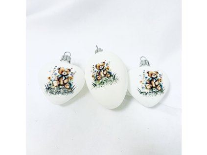 PESACH skleněné velikonoční vajíčko a srdce – s dekorem medvídek 3ks, 10 cm a 7 cm a