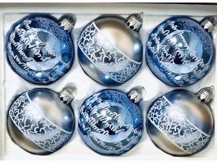 Léa Collection: Sada 6 skleněných vánočních koulí -  s bílým motivem Nekonečno , velikost 7 cm, modrá a stříbrná