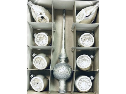 Irisa Silver retro elegance set - Speciální stříbrná vánoční kolekce s koulemi, olivami a špicí , set 9 ks, velikost 6 a 8 cm špice 26 cm