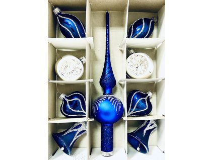 Irisa Royal blue majesty set - Královská modrá vánoční kolekce s dekorem stříbra , set 9 ks, velikost 6 a 7 cm špice 26 cm