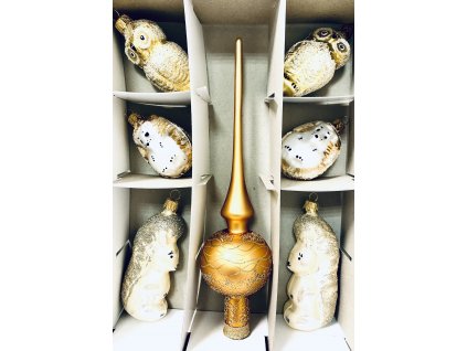 Irisa White & Gold harmony set - bílo-zlatá vánoční kolekce s lesními motivy , set 9 ks, velikost 7 a 8 cm špice 26 cm