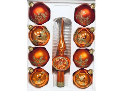 Irisa Orange & Gold festivity set - oranžová vánoční kolekce s zlatým dekorem , set 9 ks, velikost 7 cm špice 26 cm