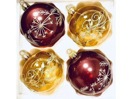 Miriam's winter enchantment collection - Červeno zlatá sada 4 ks skleněných ozdob s dekorem květů (Velikost 8 cm)