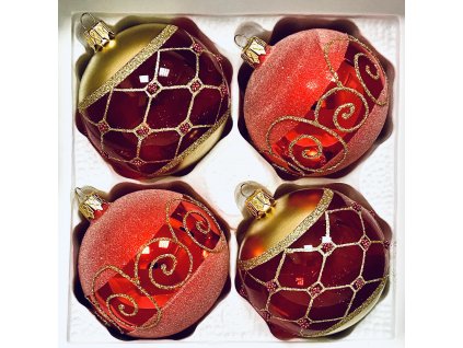 IRISA Královská nokturna: Skleněná vánoční Sada - Červené poklady se zlatým dekorem (Velikost 8 cm, 4 ks)