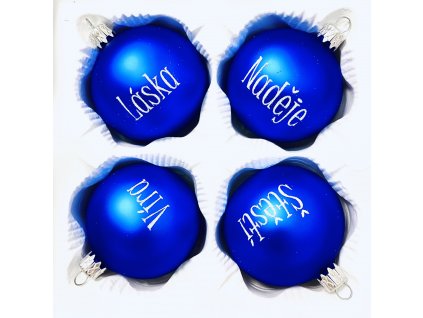 IRISA Skleněná vánoční sada 'Víra, Láska, Naděje, Štěstí'  velikost 7 cm, sada 4 ks, - Modrá elegance