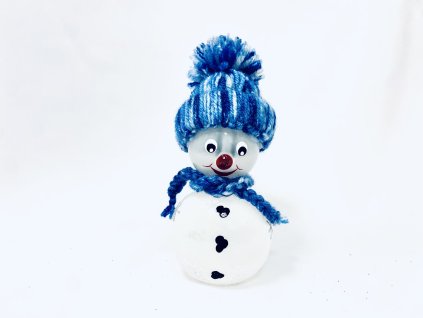 Irisa Vánoční skleněná figurka SNĚHULÁK RUDOLF s modrobílou čepicí a šálou 1 ks (bílá, velikost 12 cm )