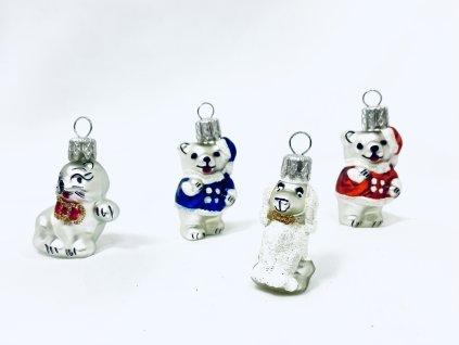 IRISA 4dílná sada skleněných vánočních ozdob – Medvídek, Kočka a Pes (4 cm)