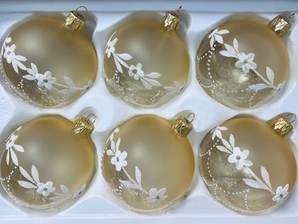 Mrazivý květinový třpyt – Sada čirých skleněných koulí se zlatým a bílým dekorem kvítků ❄️🌸✨ (Sada 6 ks, velikost 7 cm) IRISA