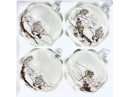 Sada bílých skleněných koulí s dekorem zasněžených chaloupek (Sada 4 ks, velikost 8 cm) IRISA