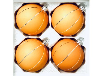 Sada vánočních skleněných baněk 4 ks, oranžové s jemnými stříbrnými proužky (Sada 4 ks, velikost 8 cm) IRISA