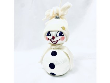Veselý skleněný sněhulák s bílou čepicí a šálou – 18 cm