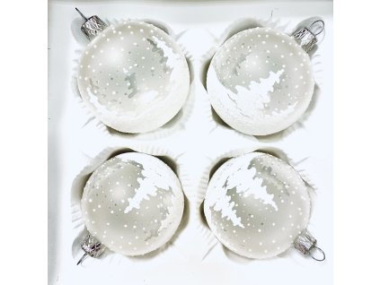 Skleněné vánoční ozdoby s motivem zasněžené krajiny – bílé, 7 cm (sada 4 kusů)