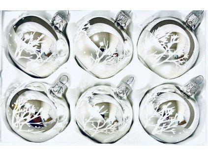Skleněné vánoční koule s dekorem zimní malby stromů (Sada 6 ks, Velikost 7 cm, Stříbrné) IRISA"