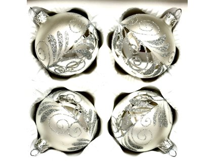 IRISA Sada 4 skleněných koulí 7 cm – Stříbrné ornamenty s listy a