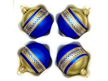 Skleněné vánoční koule 7 cm „Královská noblesa“ – Modrá a zlatá s elegantním vzorem ( sada 4 ks )