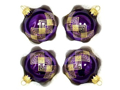 Skleněné vánoční koule 7 cm „Art Deco Royal“ – Lesklá fialová se zlatým geometrickým vzorem ( sada 4 ks )
